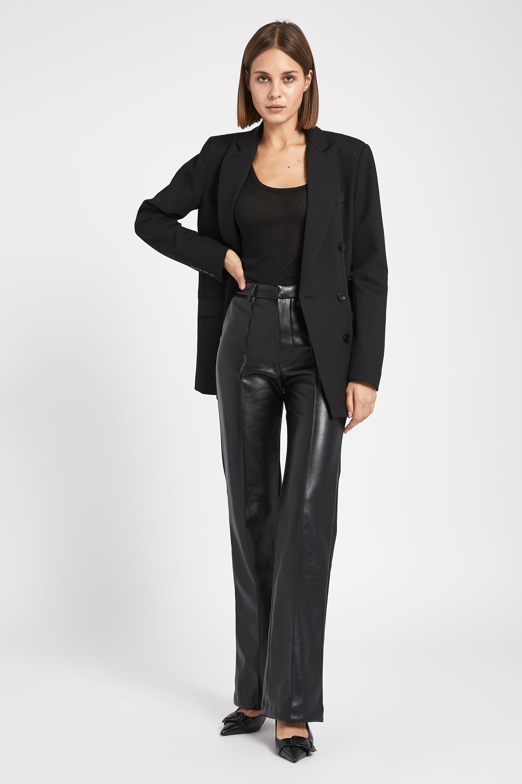 Leather Flared Trousers - Black